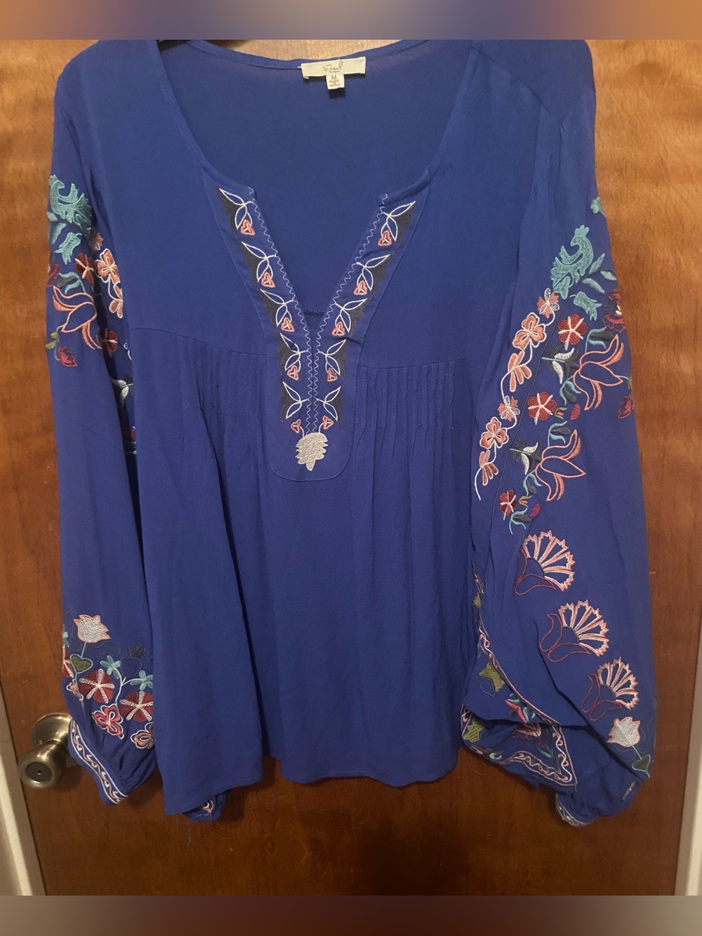 Easel Bright Blue Embroidered Boho Top
